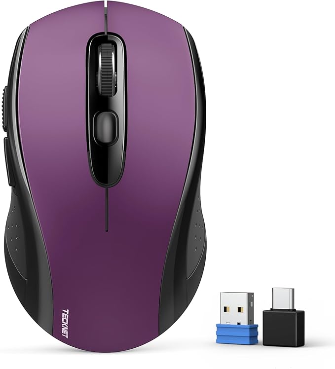 TECKNET Bluetooth Mouse, 4000DPI Wireless Mice for Laptop 2-in-1(BT 5.0/3.0+2.4Ghz) Computer Portable PC Mouse Wireless with USB Receiver for Mac (USB-A/C+Bluetooth, Purple)