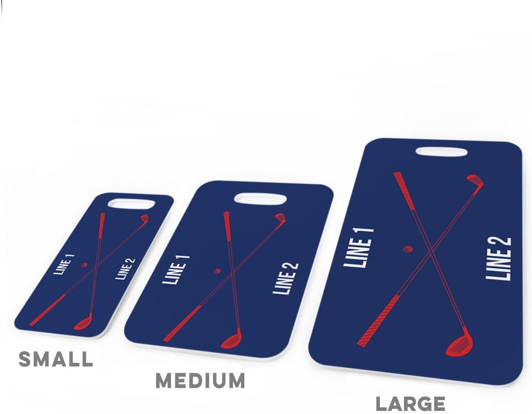 ChalkTalkSPORTS Golf Luggage & Bag Tag | Personalized Crossed Golf Clubs | Standard Lines on Back | Medium | Navy/Red