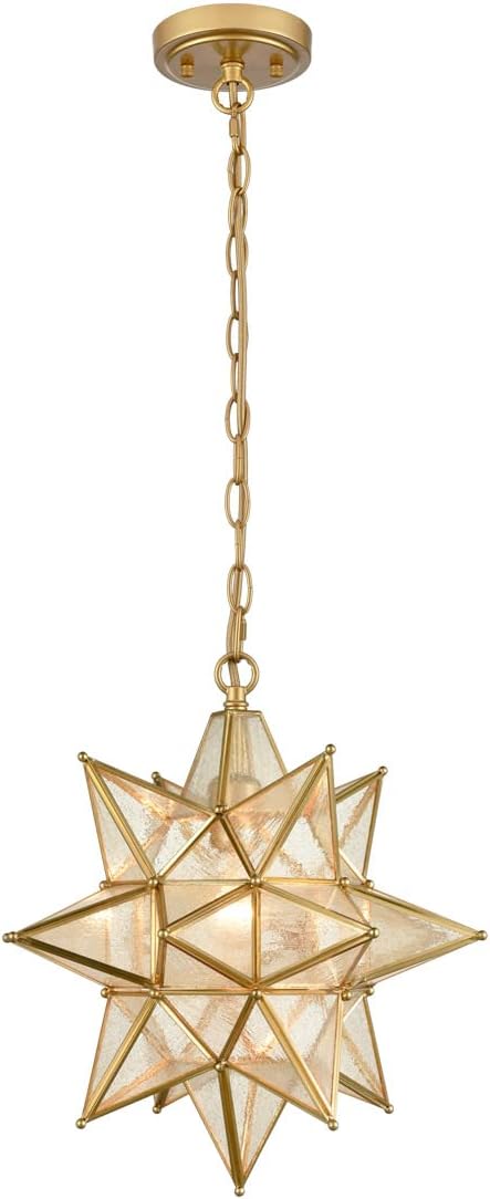 DIRYZON Modern Gold Moravian Star Pendant Light for Kitchen Island 16-Inch Hanging Ceiling Light Seeded Glass Single Pendant Light with Chain