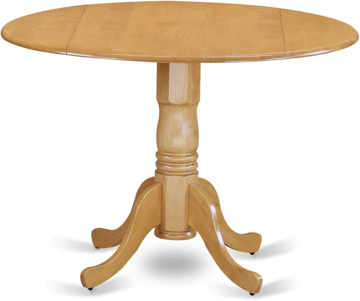East West Furniture DLAN3-OAK-C 3 Piece Kitchen Table & Chairs Set Contains a Round Dining Room Table with Dropleaf and 2 Linen Fabric Upholstered Dining Chairs, 42x42 Inch, Oak