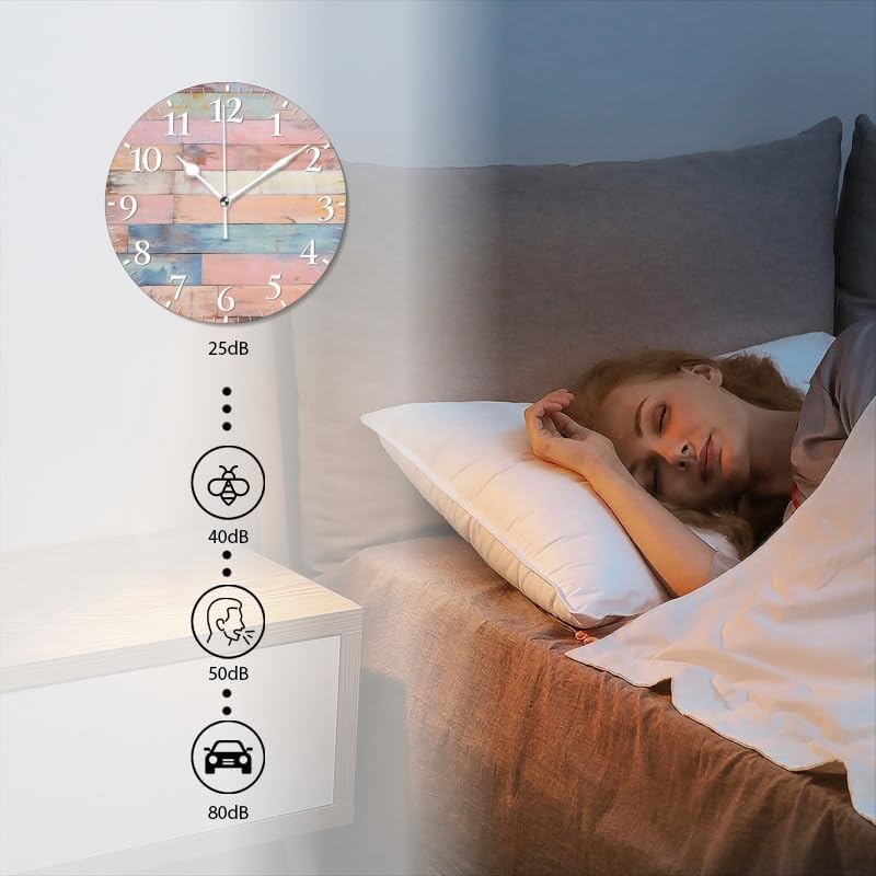 Plank Wall Clock Non-Ticking Silent Clocks Battery Operated Analog Decor Clock for Home-Colorful Pastel Pink Wooden Wall(14inch)