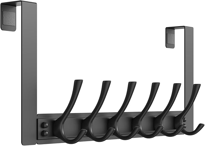 BAKON Over The Door Towel Rack with 6 Hooks, Heavy Duty Over Door Hooks for Hanging Clothes Coat Hat Jacket, Door Hanger Home Organizer for Bathroom Closet Bedroom Kitchen (1, Black)