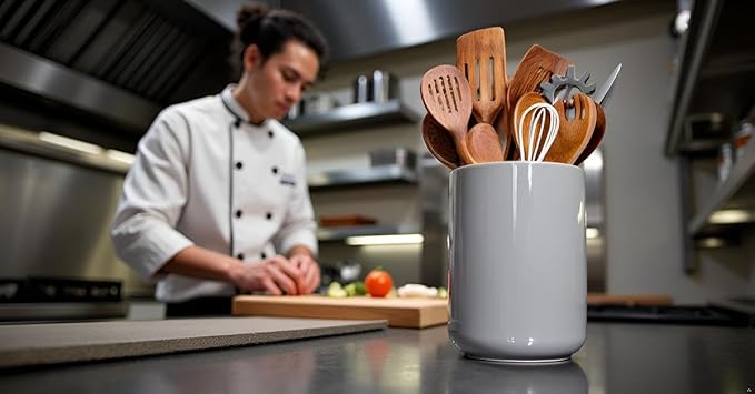 Kitchen Utensil Holder, Ceramic Utensil Holder for Kitchen Counter, Stable Cooking Utensil Crock, Spatula Holder for Farmhouse Countertop（H6.3inch)