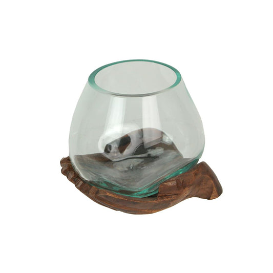 Blown Molten Glass and Carved Wood Hands Decorative Bowl, Vase, and Terrarium, 5 Inches High