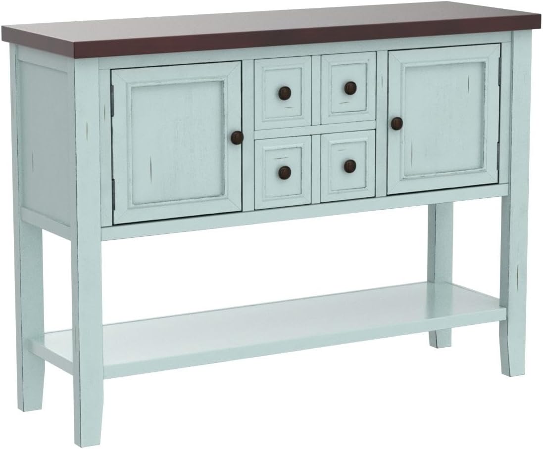 Merax Wood Farmhouse Buffet Sideboard Table with Drawers and Bottom Shelf Console Table for Living Room Dinning Room Kitchen (Retro Blue)