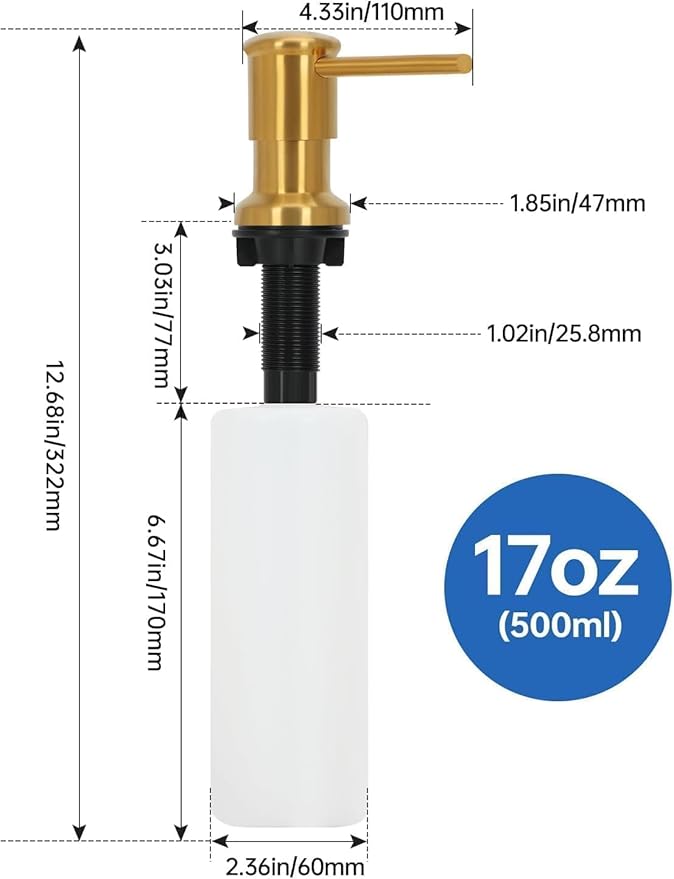 Gold Stainless Steel Soap Dispenser for Kitchen Sink, Brushed Gold Built in Pump Soap Dispensers, Sink Soap Dispenser or Lotion Dispenser Pump with Above The Sink Refillable 17OZ Large Liquid Bottle