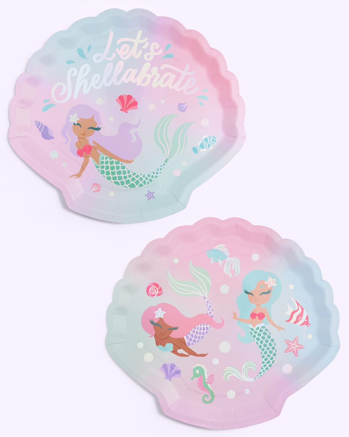 xo, Fetti Mermaid Shell Birthday Plates - 24 pk, 9" | Mermaid Bday Party Supplies, Under The Sea Decorations, Let's Shellabrate Party Favors