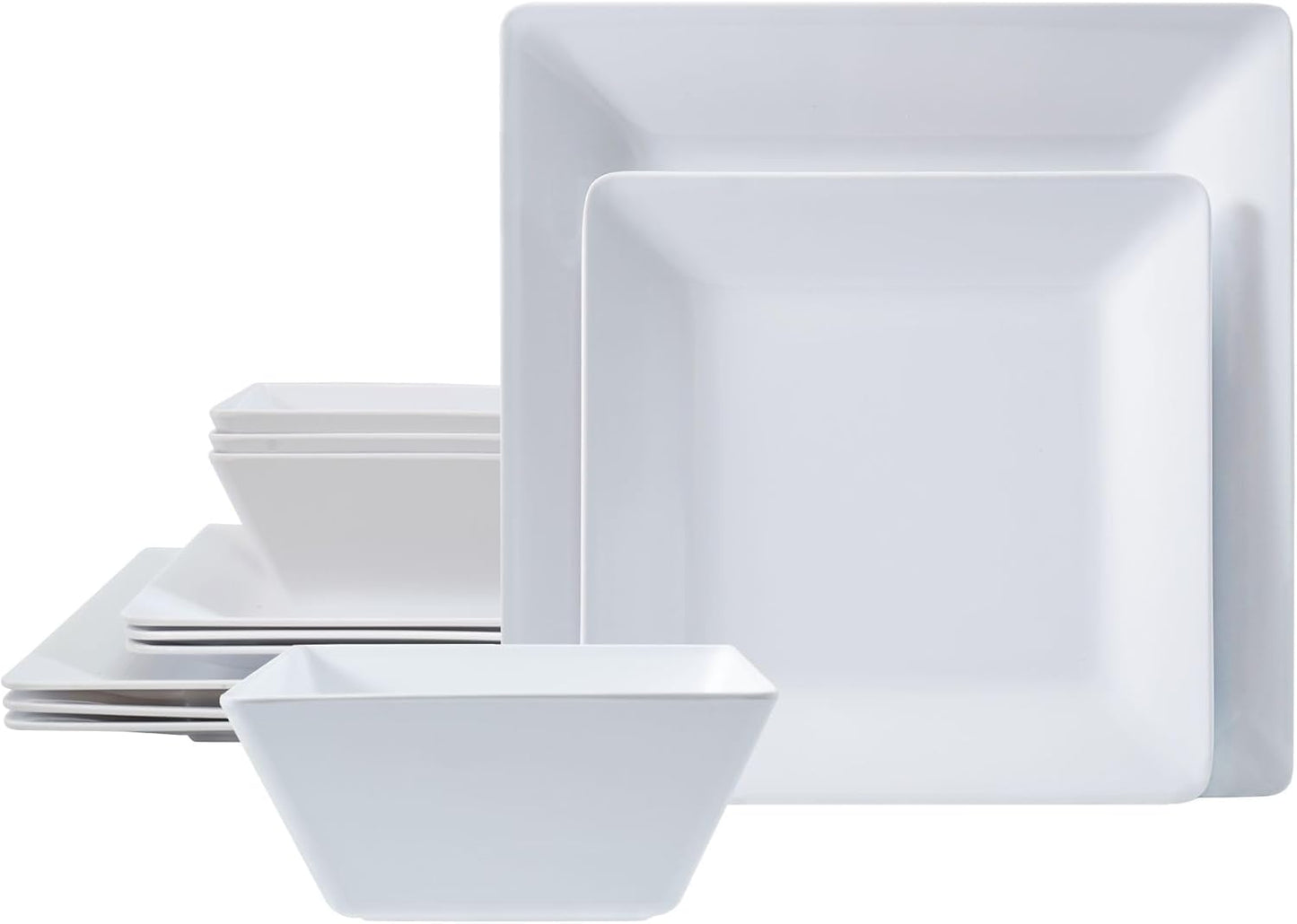 TP 12-Piece Dinnerware Set, Melamine Dishes Set with Bowls and Plates, Non-breakable and Lightweight Square Dinner Set for 4, White