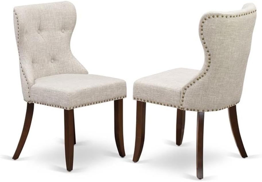 East West Furniture DLSI3-MAH-35 3 Piece Kitchen Table Set Contains a Round Dining Table with Dropleaf and 2 Doeskin Linen Fabric Parson Dining Room Chairs, 42x42 Inch, Mahogany