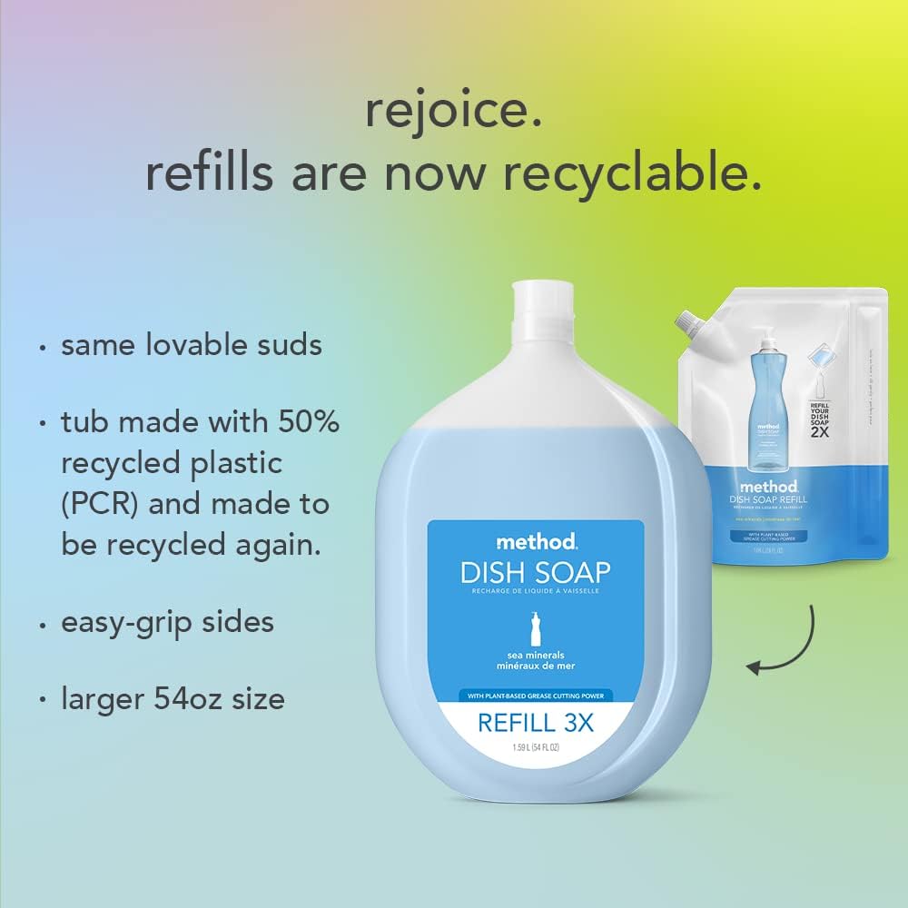 Method Gel Dish Soap Refill, Lime + Sea Salt Scent, Powerful Cleaning Formula, Large Refill Tub, Biodegradable Formula, Cuts Through Grease, 54 Fl Oz (Pack of 4)