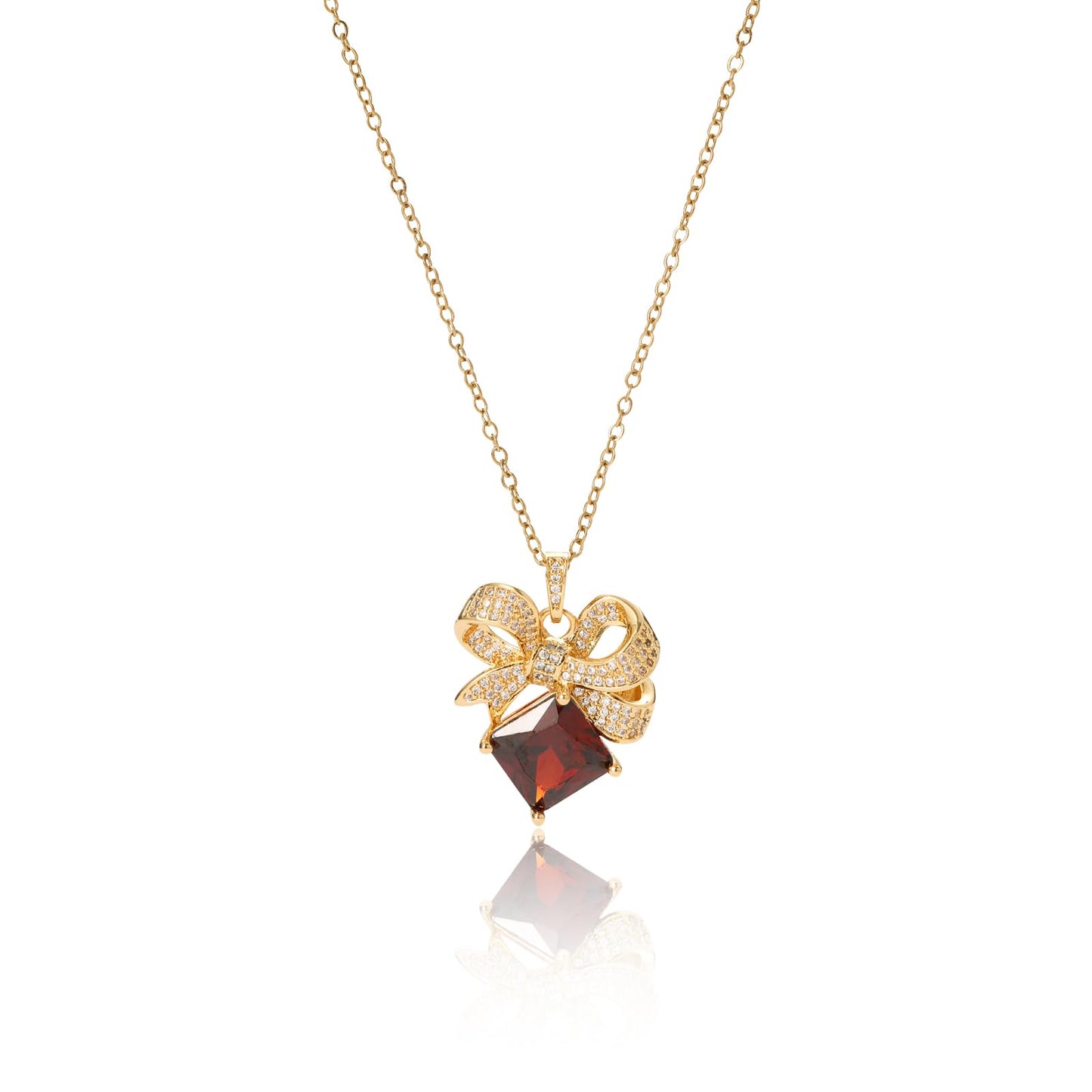 crataly Red Square Garnet Bow Necklace for Women-Gold Plated January Birthstone Vintage Necklace For Valentines Day Mother's Day Christmas Birthday Gifts