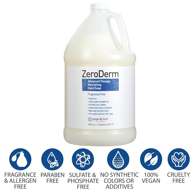 Ginger Lily Farms Botanicals ZeroDerm Advanced Therapy Nourishing Liquid Hand Soap Refill, 100% Vegan & Cruelty Free, Fragrance Free, 1 Gallon (Pack of 4)