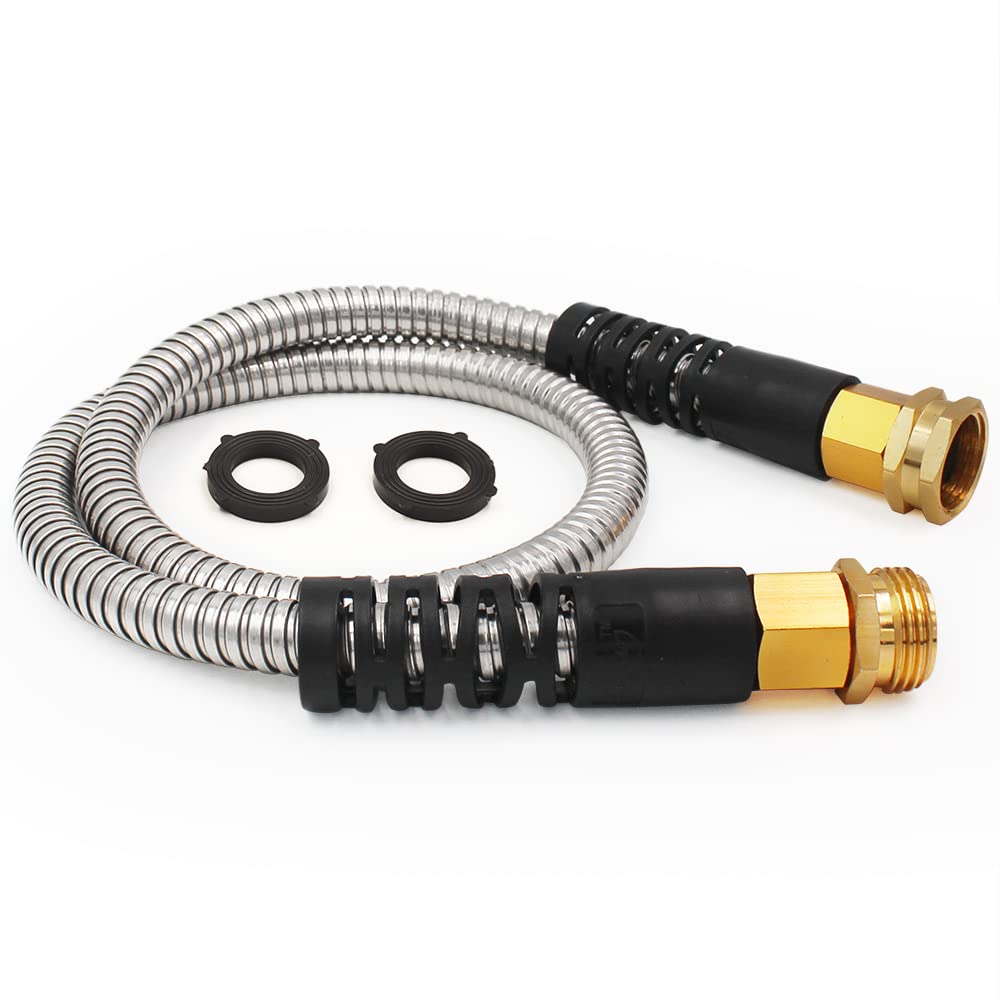 Cesun Short Garden Hose 3 feet, Metal Leader Water Hose, Heavy Duty and Lightweight Stainless Steel Water Pipe for RV, Outdoor, Yard, Lawn, 3ft x 5/8", Female to Male