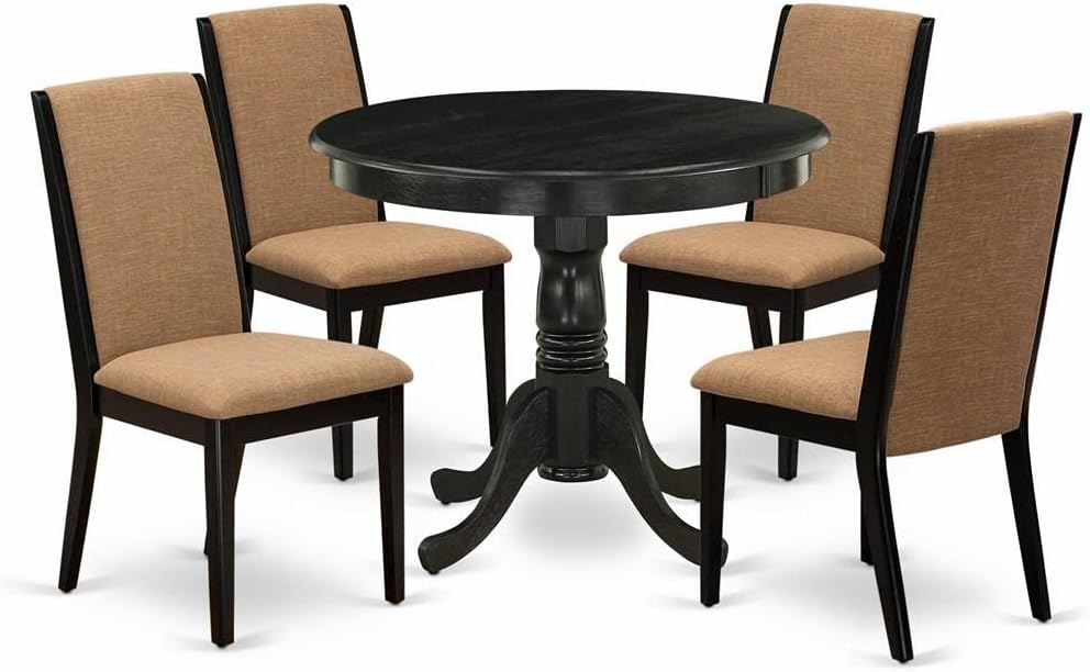 East West Furniture ANLA5-ABK-47 5 Piece Modern Dining Table Set Includes a Round Kitchen Table with Pedestal and 4 Light Sable Linen Fabric Upholstered Chairs, 36x36 Inch, Wirebrushed Black