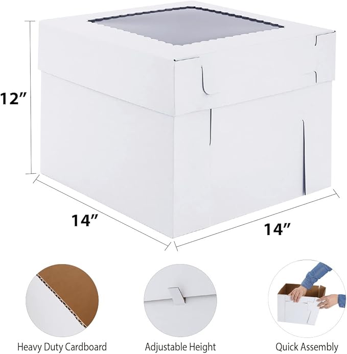 Tall Cake Boxes for Tier Cakes 14x14x12 Inch 2 Pack Wedding Cake Boxes,Sturdy Tall Bakery Boxes with Window,Layer Cake Carrier,Disposable Cake Containers