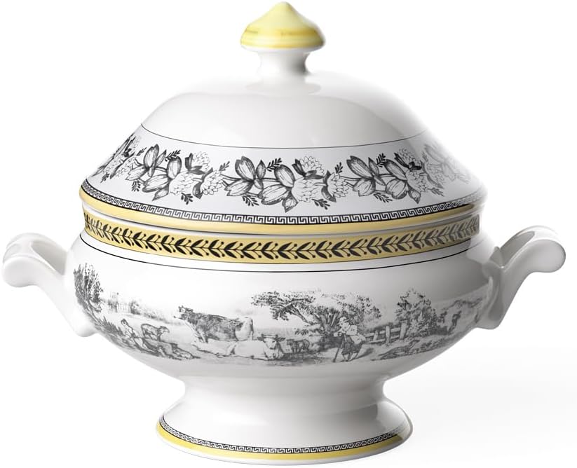 Villeroy & Boch Audun Ferme Covered Vegetable, 68 oz, Premium Porcelain, White/Gray/Yellow