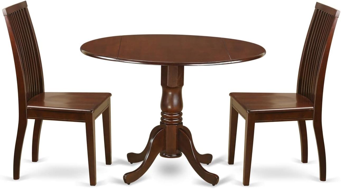 East West Furniture DLIP3-MAH-W 3 Piece Dining Room Furniture Set Contains a Round Kitchen Table with Dropleaf and 2 Dining Chairs, 42x42 Inch, Mahogany