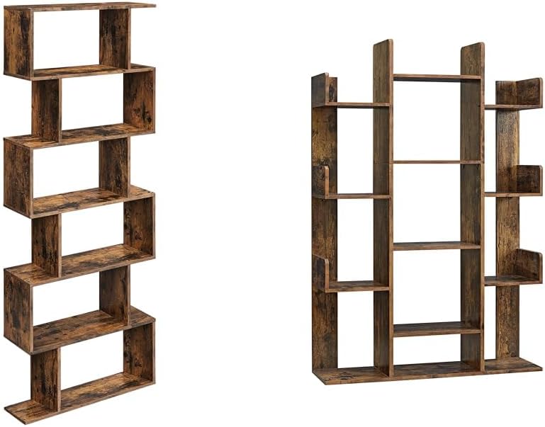 VASAGLE 6-Tier Bookshelf, Tall Display Shelf, Freestanding Storage Shelf, Rustic Brown ULBC61BX Tree-Shaped Bookcase with 13 Storage Shelves, 9.8”D x 33.9”W x 55.1”H, Rustic Brown ULBC67BXV1
