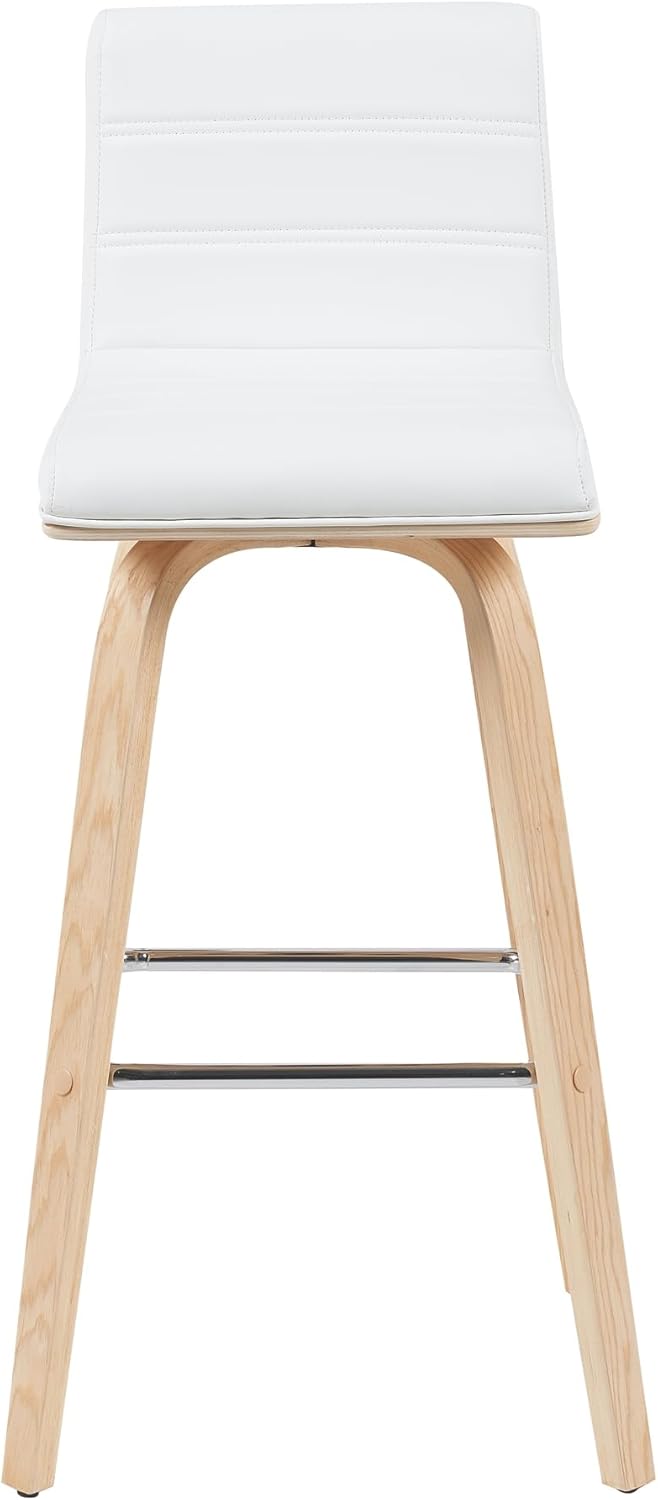Vienna Modern Swivel Bar Height Stool with White Faux Leather Seat and Patterned Oak Wood Frame Set of 4