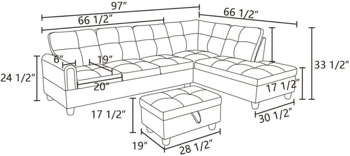 Latte L-Shaped 3-Piece Faux Leather Sofa with Storage Ottoman Set, Sectional Couch Sofa Set for Living Room, Office, Small Space