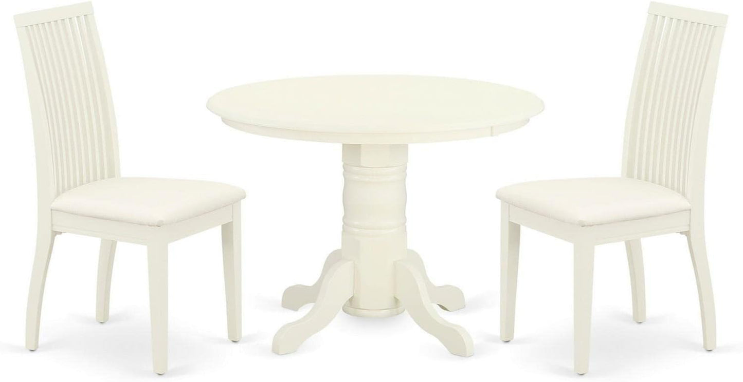 East West Furniture SHIP3-WHI-C 3 Piece Dinette Set for Small Spaces Contains a Round Dining Room Table with Pedestal and 2 Linen Fabric Kitchen Dining Chairs, 42x42 Inch, Linen White