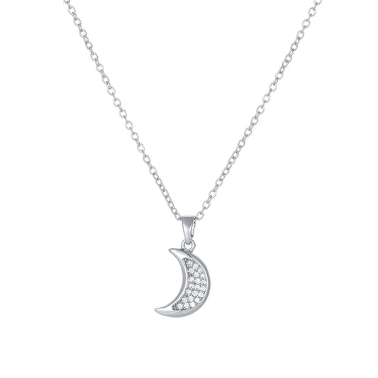 NONAMOIS White Gold CZ Diamond Moon Pendant Necklace for Women Dainty Stainless Steel Crescent Moon Choker Necklace Trendy Non Tarnish Jewelry