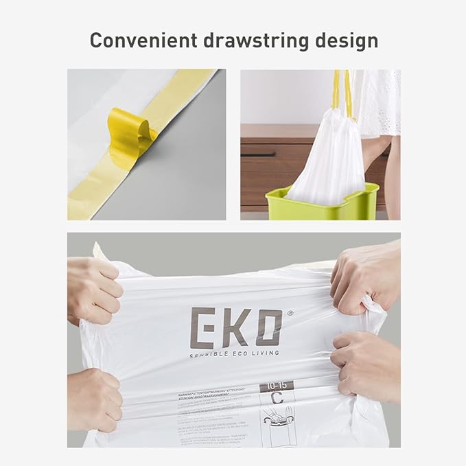 EKO 13 Gallon / 40-60 Liter, 60 Count Drawstring Trash Bags, Extra-Strong Unscented Garbage Bags, Easy-Dispense Roll for Kitchen & Household Use, Leak-Resistant, Code F, White