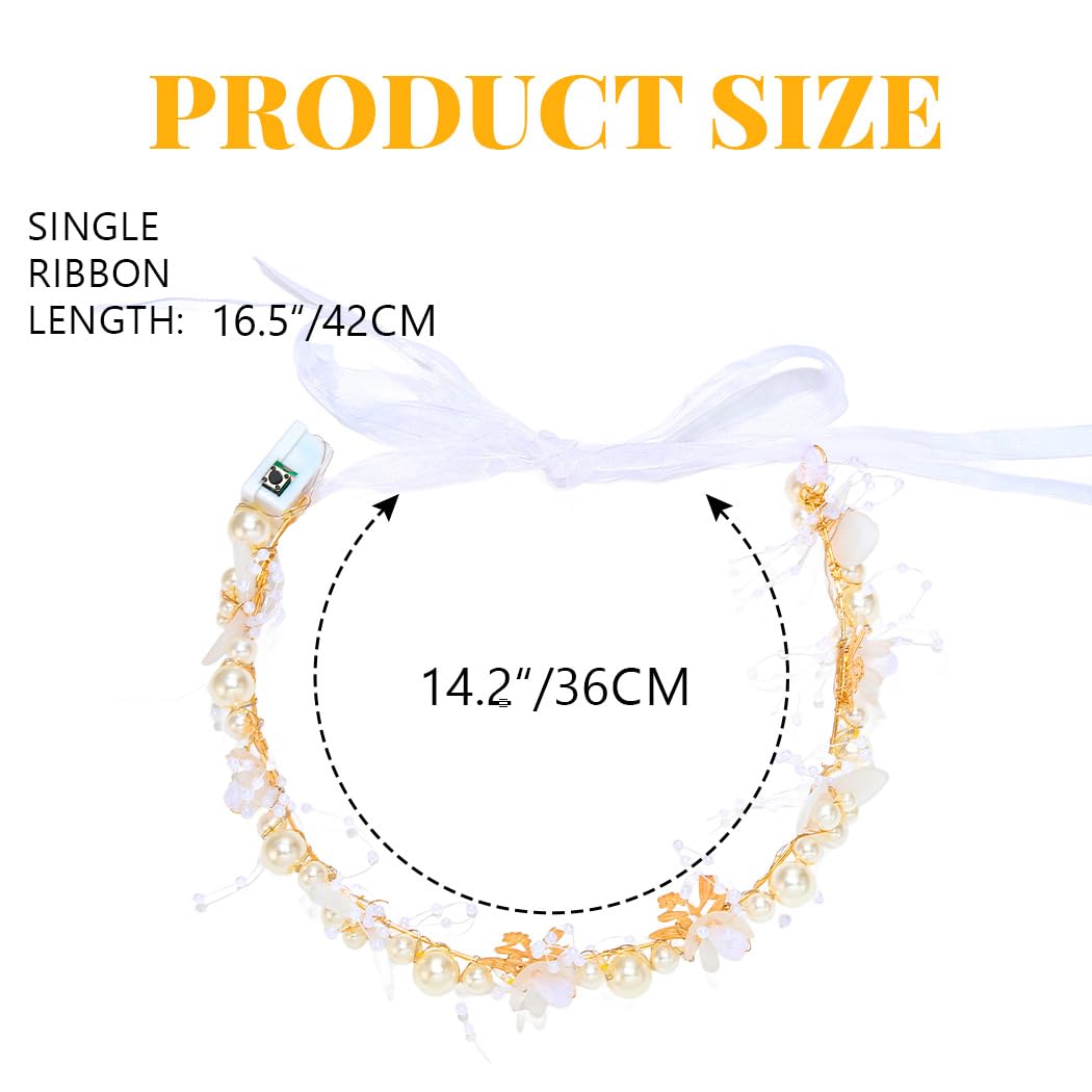 Zehope Light Up Flower Headbands LED Princess Pearl Floral Wreath Headpiece Bridal Wedding Garlands Hair Accessories for Women (White, Standard)