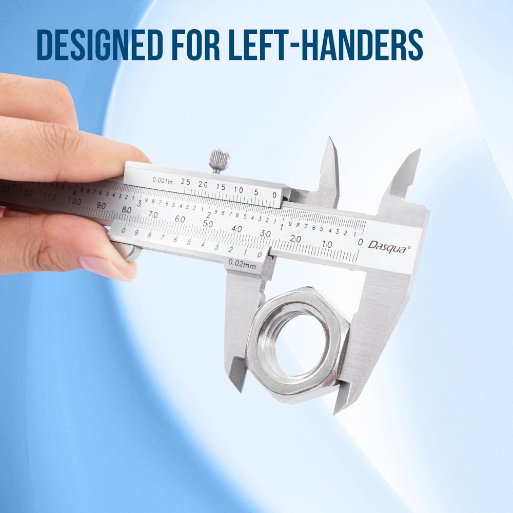 Dasqua Left-Handed 0-6"/0-150mm Monoblock Vernier Caliper Stainless Steel, Dual Unit (in/mm), High Precision with Fine Adjustment, Accuracy ±0.0015"/0.03mm, Graduation: 0.001"/0.02mm