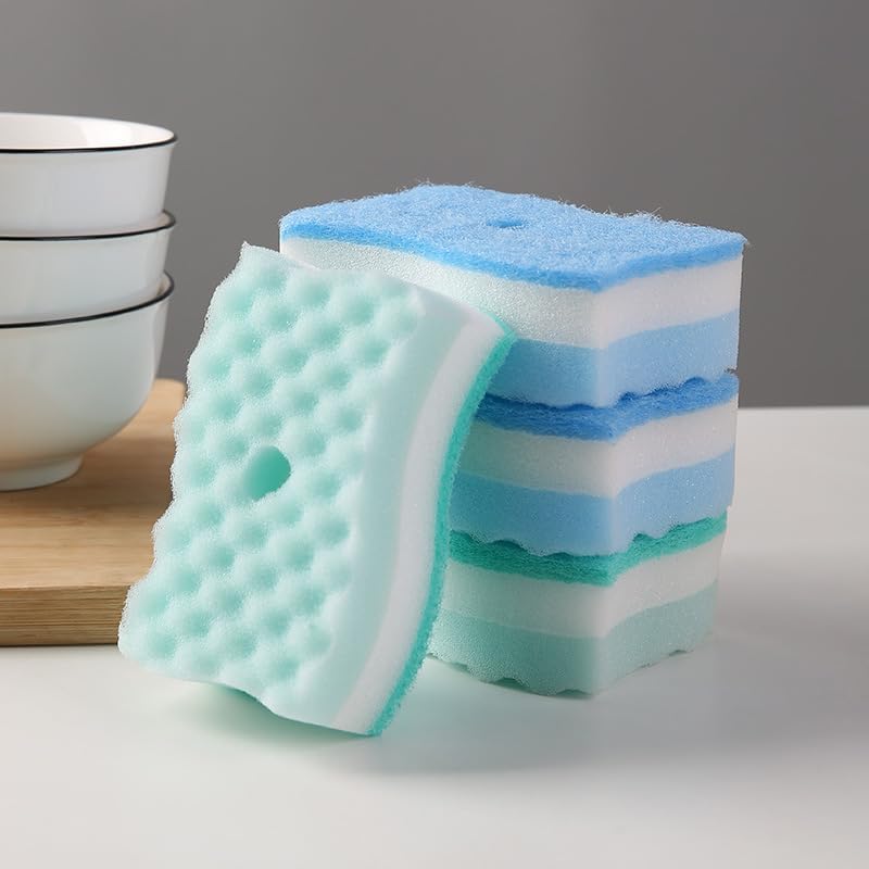 Non-Scratch Cellulose Scrub Sponge,Multipurpose Cleaning Scrubber, Dual-Sided Dishwashing Sponge for Kitchen (Blue & Green, S Type 4pcs)