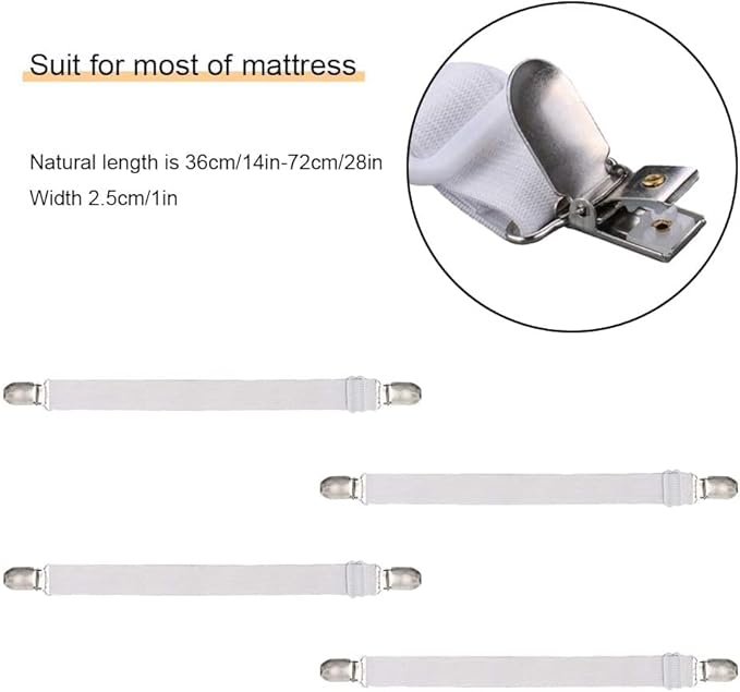 4Pcs Adjustable Bed Sheet Straps Clips, Elastic Mattress Sheet Fasteners Holder and Suspenders, Grippers to Hold Sheet, Mattress, Sofa, Couch, Table Cloth, Recliner Ironing Board Cover and More