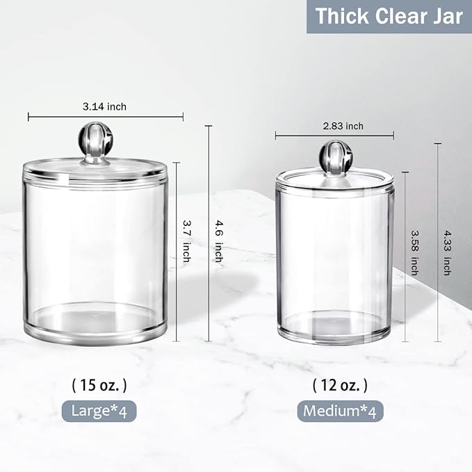 SheeChung 8 Pack Qtip Dispenser Apothecary Jars Bathroom Set with Labels Clear Plastic Qtip Holder Storage Set for Cotton Ball/Swab/Rounds,Floss Picks, Hair Clips，Hair Ties(Clear)