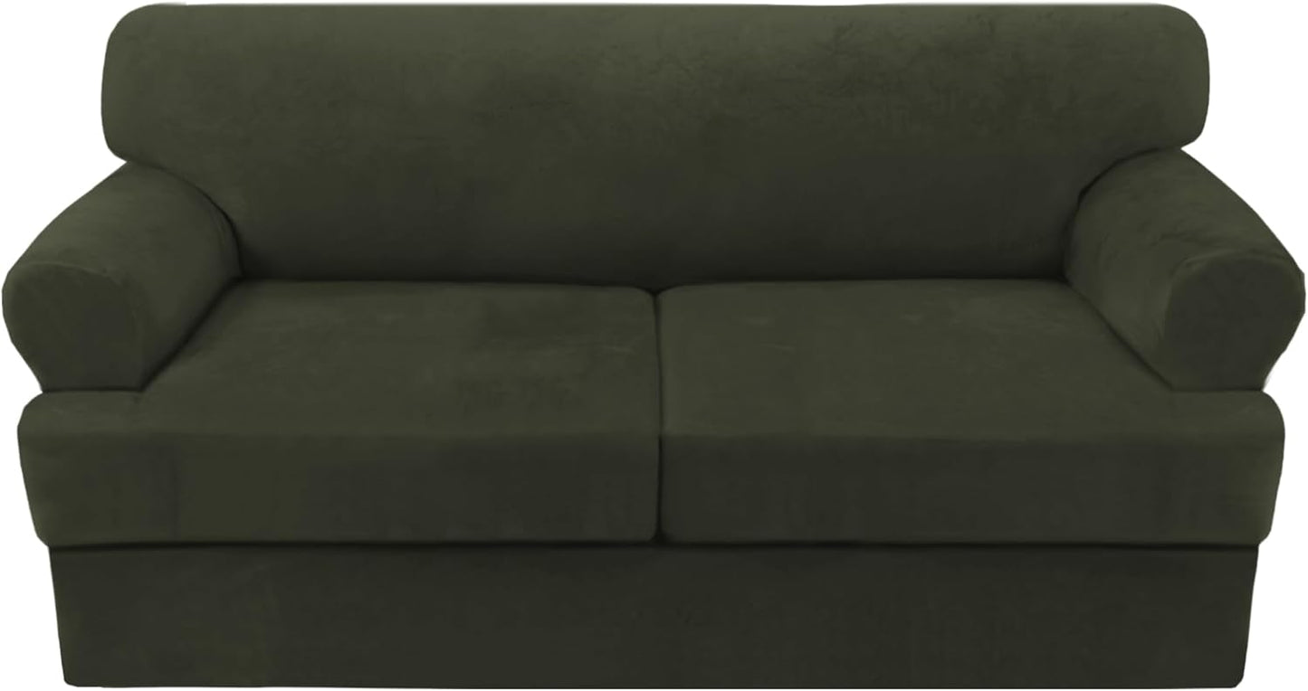 H.VERSAILTEX Sofa Cover 3 Piece T Cushion Loveseat Slipcovers Thick Velvet Couch Cover Stretch T Cushion Sofa Covers for 2 Cushion Couch with 2 Individual T Cushion Covers, Olive