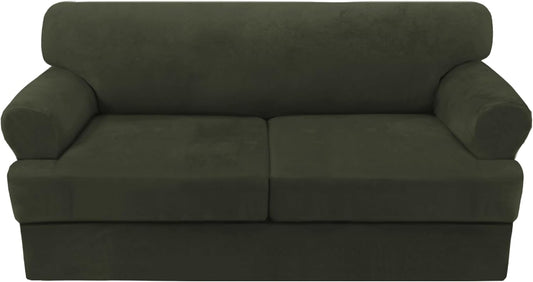 H.VERSAILTEX Sofa Cover 3 Piece T Cushion Loveseat Slipcovers Thick Velvet Couch Cover Stretch T Cushion Sofa Covers for 2 Cushion Couch with 2 Individual T Cushion Covers, Olive