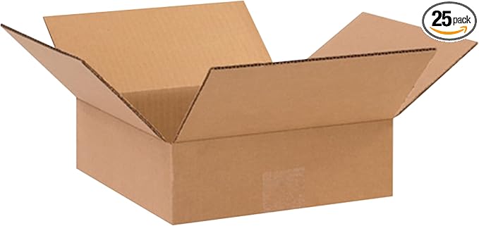 Aviditi 10103 Flat Corrugated Cardboard Box 10" L x 10" W x 3" H, Kraft, For Shipping, Packing and Moving (Pack of 25)