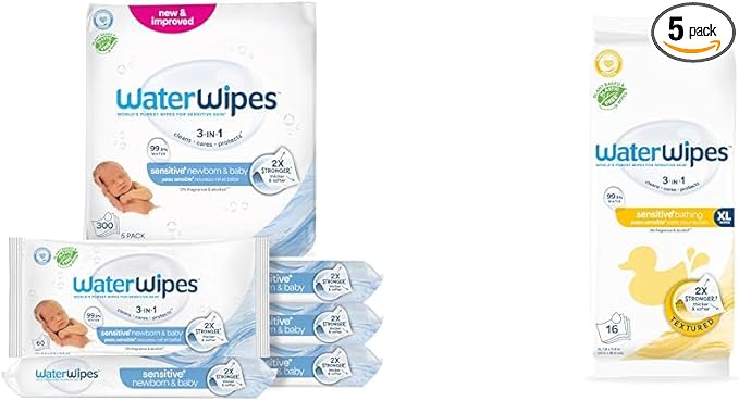 WaterWipes Bundle, Original 300 Count (5 packs) & XL Bathing Wipes 16 Count (1 pack), Plastic-Free, 99.9% Water Based Wipes, Unscented, Hypoallergenic for Sensitive Skin, Packaging May Vary