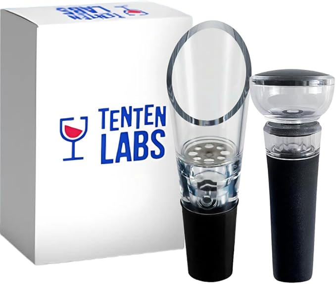 TenTen Labs Premium Wine Aerator Pourer and Wine Pump Stopper (2-pack) - Bottle Stopper - Gift Box Included