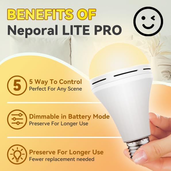 Neporal LITE PRO Rechargeable Light Bulbs, 2600mAh Large Battery Backup Light Bulbs, Perfect As Emergency Lights for Home, Hurricane Prepareness Item, E26/E27