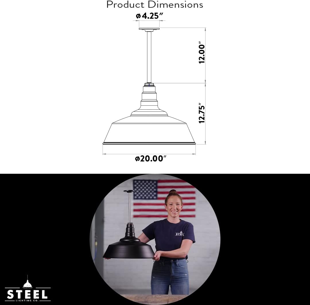 Steel Lighting Co. Manhattan Warehouse Light | Ceiling Mounted Pendant | 20 inch Dome | 12 inch Sloped Stem | Large Steel Barn Light Made in America | Dark Bronze Exterior/White Interior