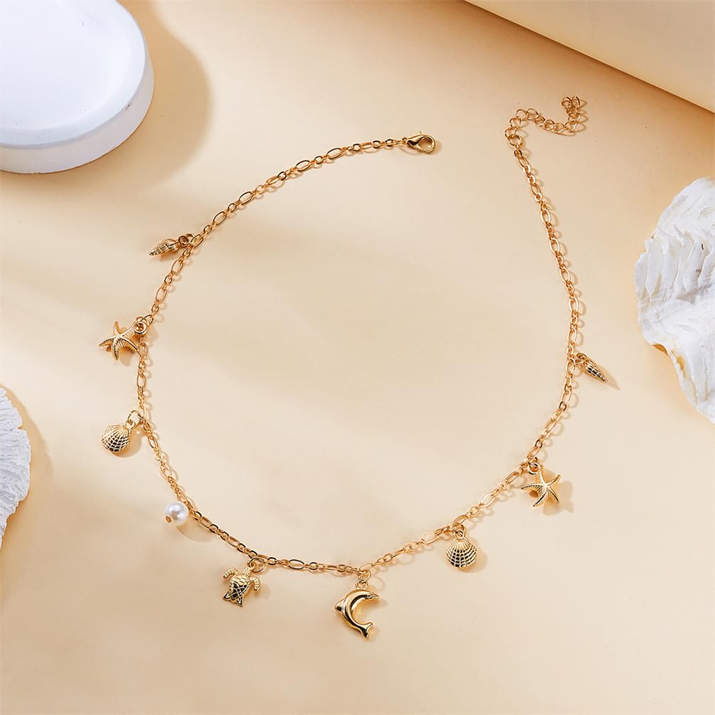 Gold Shell Conch Star Pearl Pendant Necklace, Delicate Starfish Fish Shells Beach Necklaces for Women Trendy Beachy Hawaii Holiday Party Jewelry Gift (Gold)