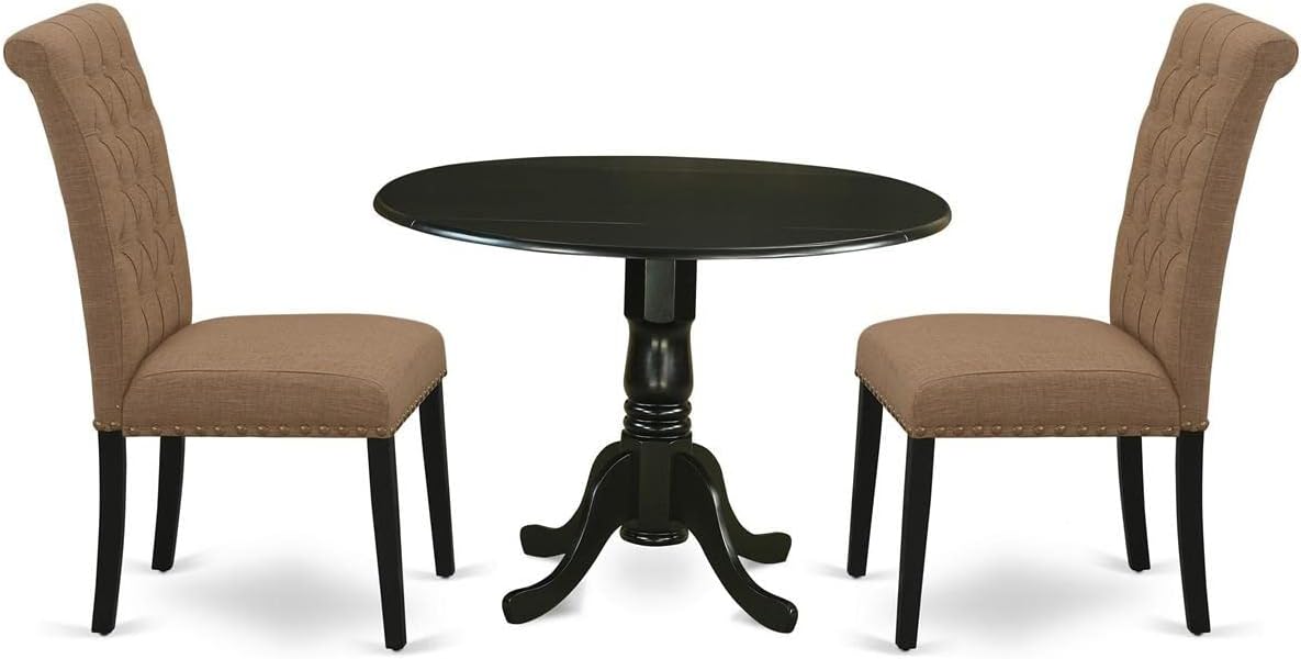 East West Furniture DLBR3-BLK-17 3 Piece Dining Room Furniture Set Contains a Round Dining Table with Dropleaf and 2 Light Sable Linen Fabric Upholstered Chairs, 42x42 Inch, Black