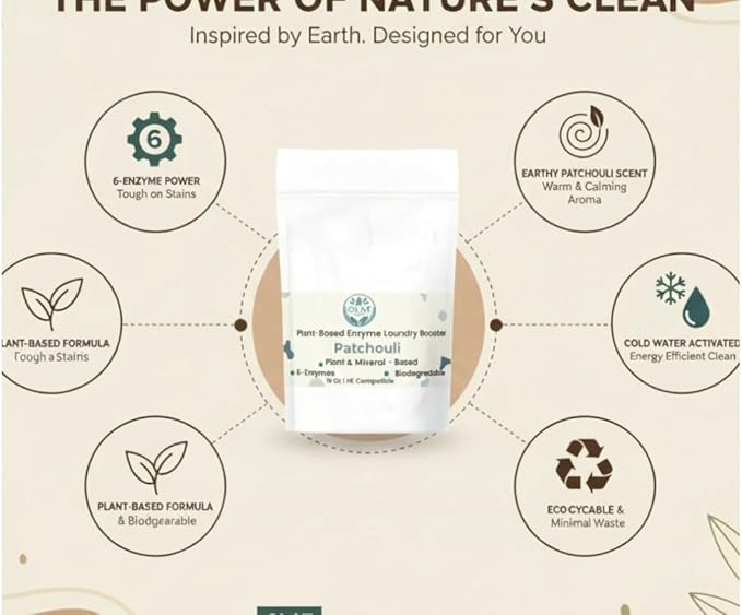 Enzyme Laundry Booster Powder - Patchouli | Plant-Based, 6-Enzyme Blend for Maximum Stain & Odor Removal | Biodegradable, Boosts Detergent in All Water Temperature, HE Compatible, 16 Oz