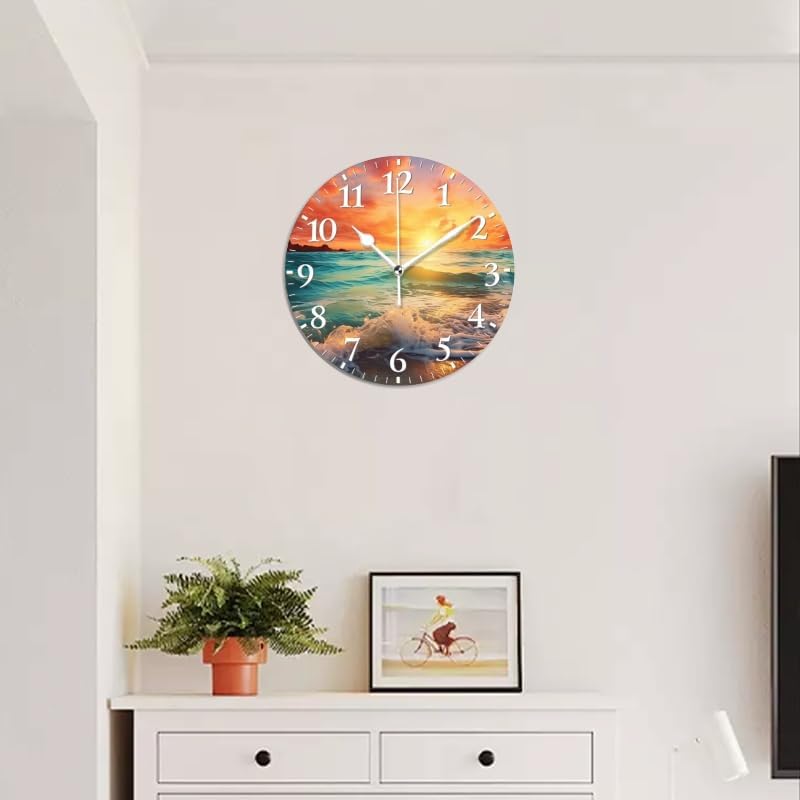 Beach Wall Clock Non-Ticking Silent Clocks Battery Operated Analog Decor Clock for Home-Beautiful Sunset Over The Ocean with Waves Crashing On The Shore(10inch)