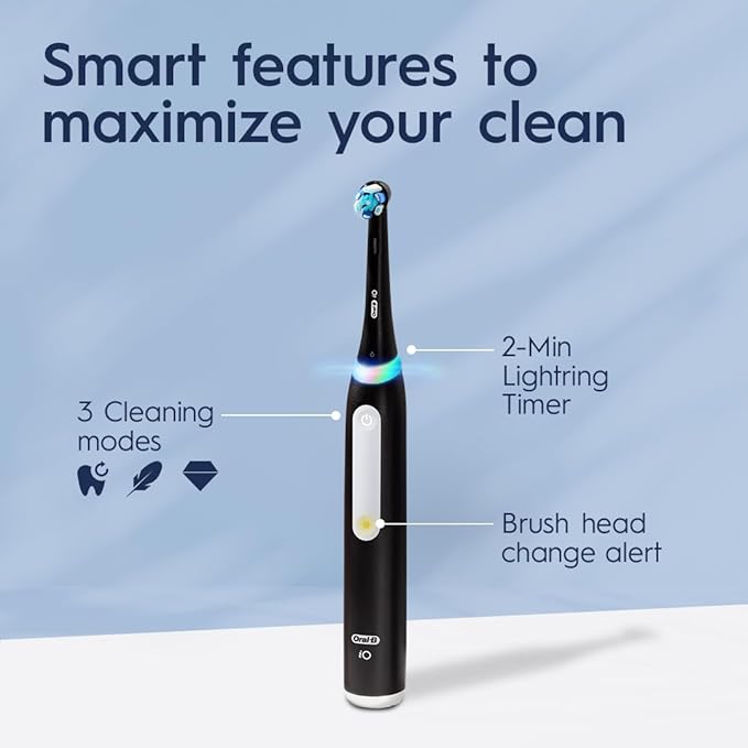 Oral-B iO Deep Clean Rechargeable Electric Powered Toothbrush, Black with iO Series 3 Limited, 2 Brush Heads and Travel Case - Pressure Sensor to Protect Gums - 3 Cleaning Settings - 2 Minute Timer