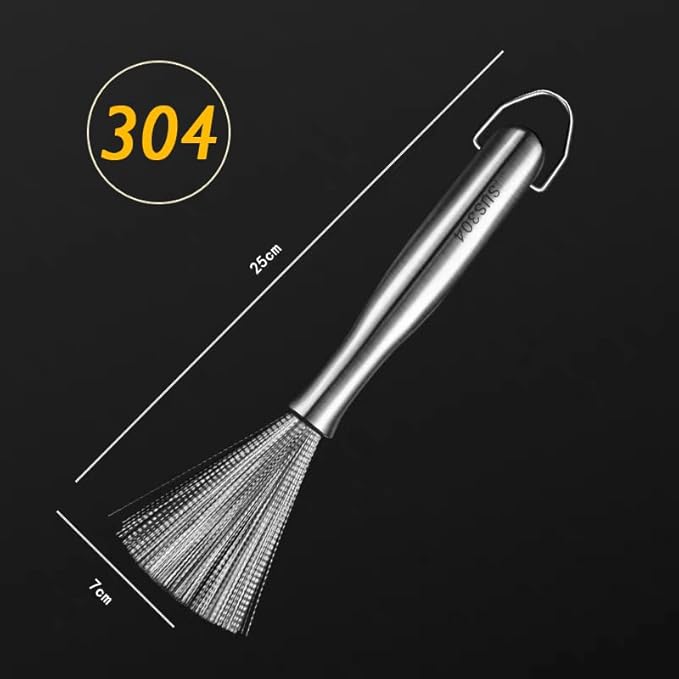 Stainless Steel Dish Brush with Handle, Metal Steel Wool Scrubber for Cast lron, Cookware, Pot, Pan, Grill（1PCS