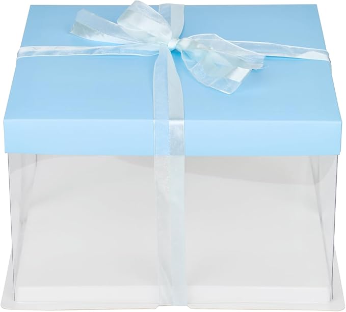 Restaurantware-Sweet Vision 10 Inch x 8.25 Inch Transparent Cake Boxes, 10 Grease Resistant Base Clear Cake Boxes - Blue Lid, Blue Ribbon, Plastic Birthday Box, For Weddings Or Birthdays