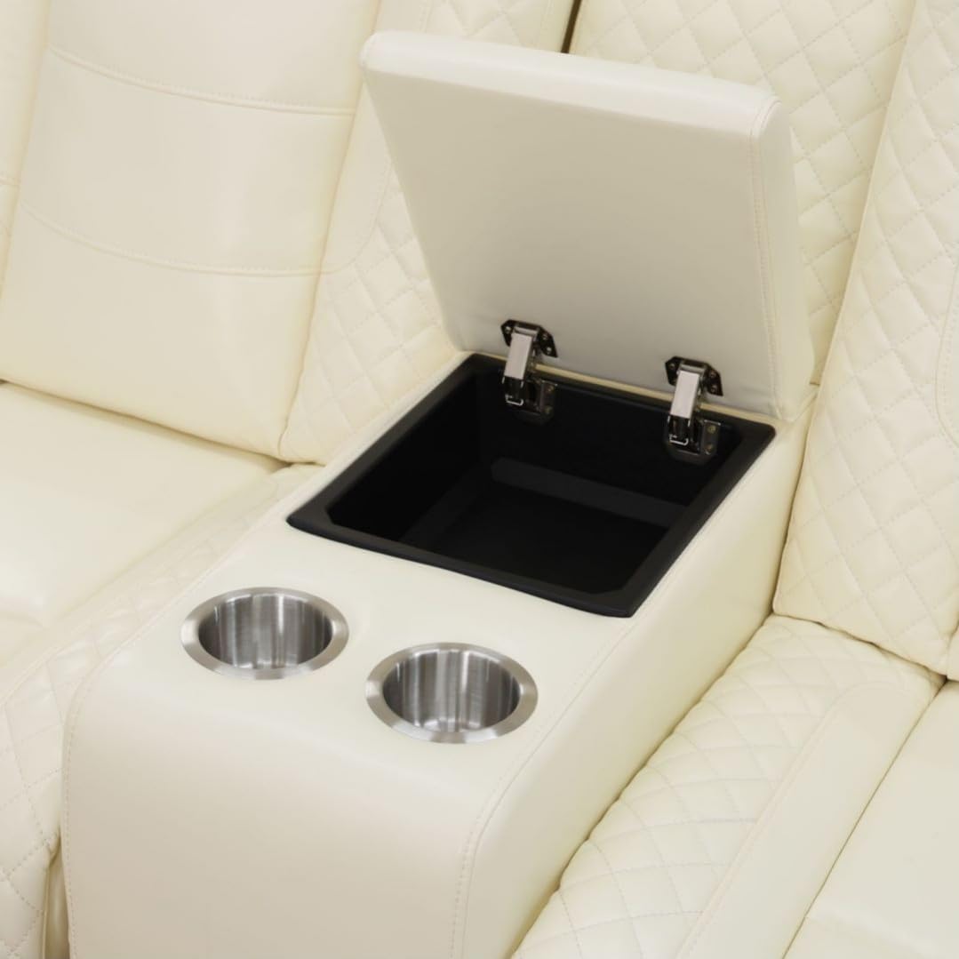 Electric Power Recliner Loveseat Set Living Room Furniture, Comfy Home Theater Breathing Leather Seating with USB 2.0 Charging Ports, LED Light Strips, Mid Console and Cupholders (White-2)