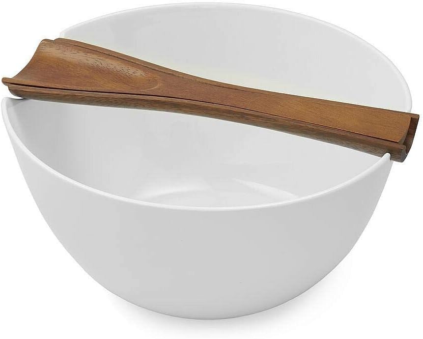 Nambe Quatro Salad Bowl with Servers Set | Large Serving Bowl with Wooden Utensils | Made of Acacia Wood and Fine Bone China | Measures 11-Inches | Dishwasher Safe (White)