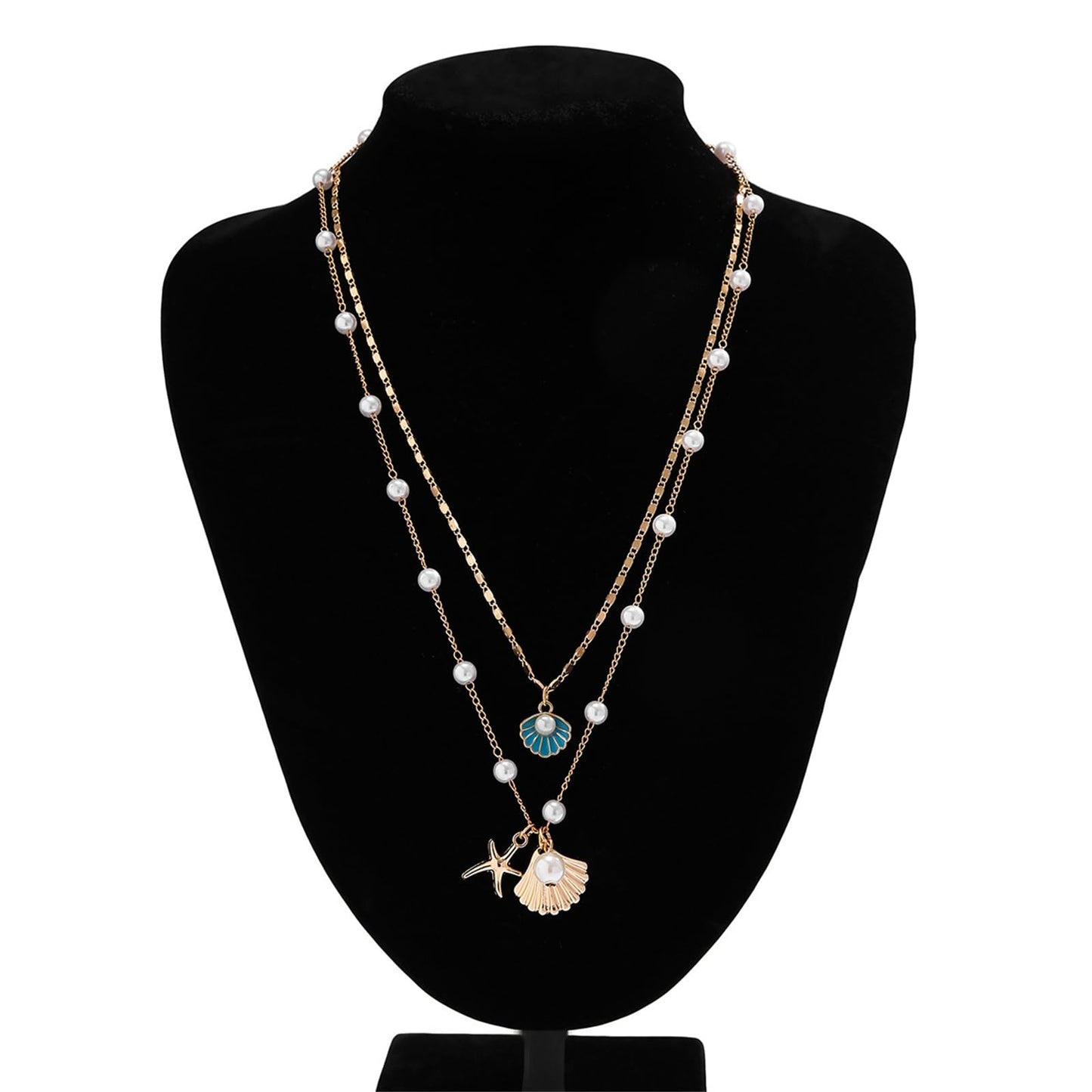 Boho Starfish Seashell Layered Necklace Gold Silver Plated Dainty Charm Double Layer Sea Shell Lucky Stars Ocean Animal Chain Necklace for Women Hawaiian Summer Beach Vacation Jewelry Gifts (Blue)