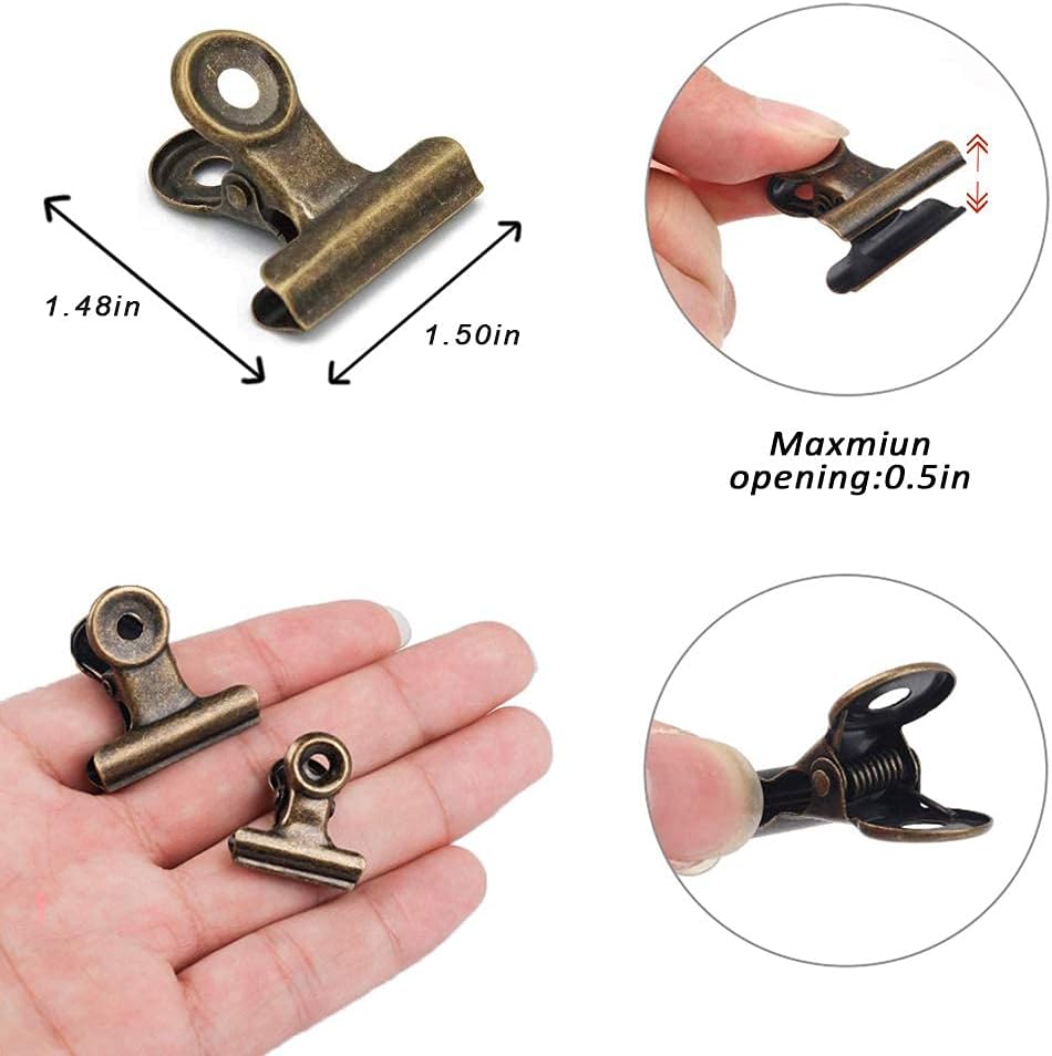 Bulldog Clips with Hole for Push-pin, Paper File Clips with Strong Spring, Small Metal Binder Clips, Seal Clamps for Coffee Tea Food Bags, Decorative Clips for DIY Photo Grid (Bronze, 38 mm)